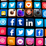 **Brand Building on Social Media**: Create an image depicting a vibrant social media landscape, showcasing various platforms like Facebook, Instagram, and Twitter. Include elements that represent brand recognition, such as logos, engagement metrics (likes, shares), and visuals of authentic communication (e.g., comments and messages).